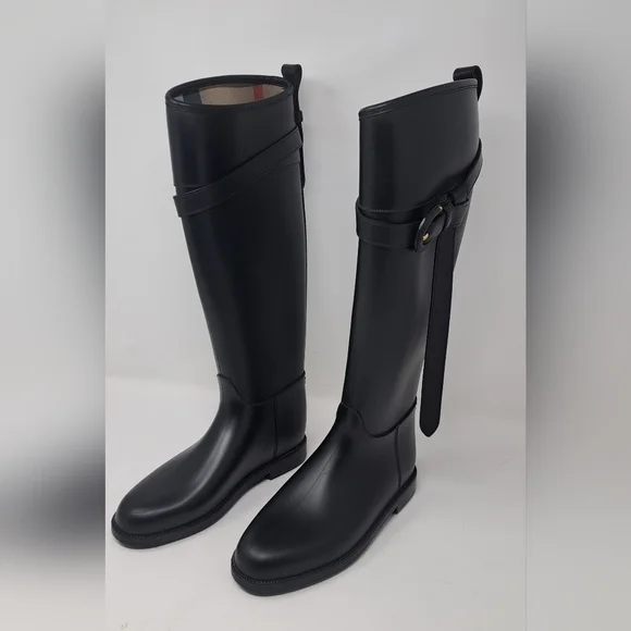 Burberry Women's Rain Boots Knee High Equestrian Black Belt Italy 36 EU 6 US - Picture 1 of 13